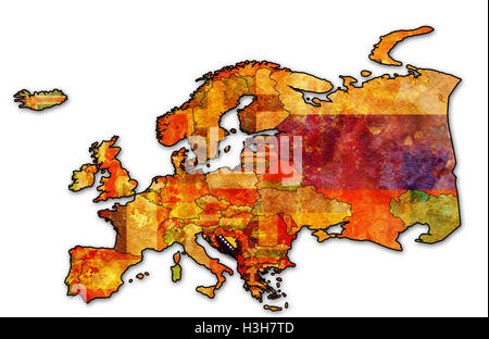 Alcuni molto vecchi grunge mappa di Bosnia e Erzegovina con bandiera sulla mappa di Europa Foto Stock