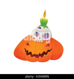 Illustrazione Vettoriale di Jack-O-Lantern con il cranio e la candela verde per la festa di Halloween Illustrazione Vettoriale