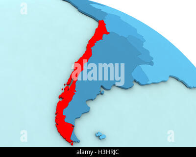 3D illustrazione del Cile evidenziati in colore rosso sul globo blu Foto Stock