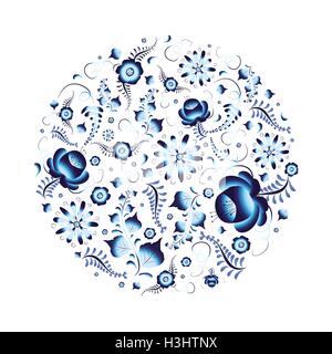 Tradizionale russa gzhel pattern in cerchio su bianco Illustrazione Vettoriale