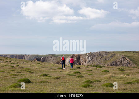 Camminando sul sentiero costiero a Castlemartin, Pembrokeshire Foto Stock