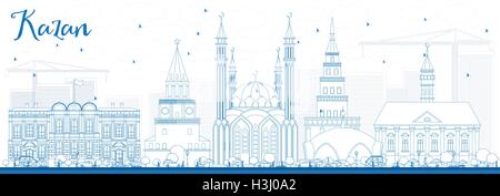 Profilo dello Skyline di Kazan con edifici blu. Illustrazione Vettoriale. Viaggi di affari e di turismo con il concetto di architettura storica. Illustrazione Vettoriale