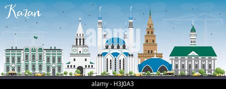 Lo Skyline di Kazan con edifici grigi e cielo blu. Illustrazione Vettoriale. Viaggi di affari e turismo Concept Illustrazione Vettoriale