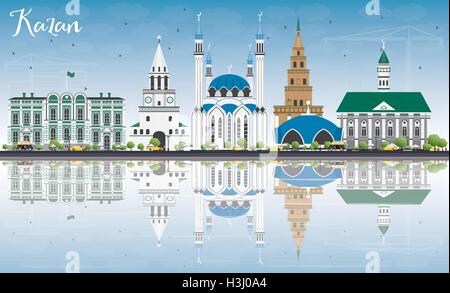 Lo Skyline di Kazan con edifici grigi, cielo blu e riflessi. Illustrazione Vettoriale. Viaggi di affari e turismo Concept Illustrazione Vettoriale