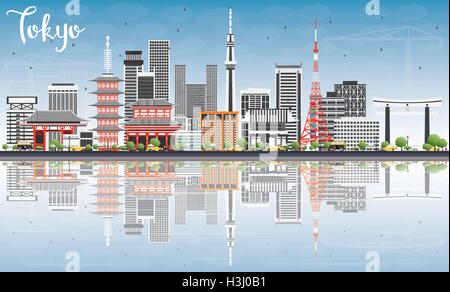 Lo skyline di Tokyo con edifici grigi, cielo blu e di riflessione Illustrazione Vettoriale