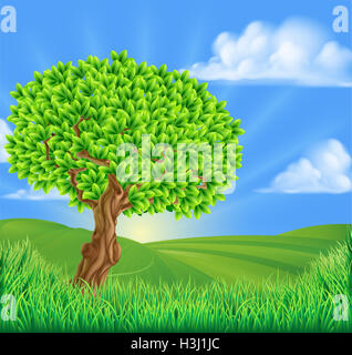 Un albero con idilliache colline sullo sfondo del paesaggio Foto Stock