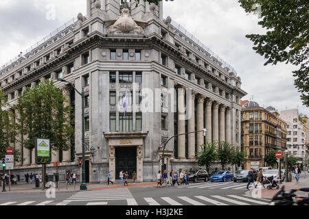 BBVA bank building, Gran Via Street, Città di Bilbao, Paesi Baschi, l'Europa. Foto Stock