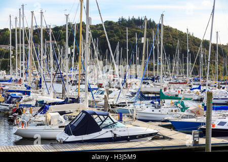 Numero di yacht e piccole imbarcazioni ormeggiate a Inverkip Marina, Greenock, vicino a Glasgow sul Firth of Clyde, Scozia. Foto Stock