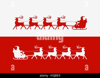 Merry Christmas greeting card. Santa Claus corse in slitta trainata da renne. Illustrazione Vettoriale Illustrazione Vettoriale