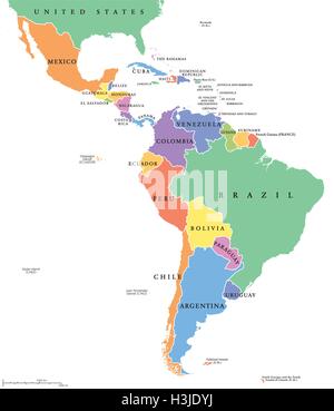 America Latina solo membri mappa politico. Paesi in diversi colori, con i confini nazionali e Inglese nomi di paesi. Vettore Illustrazione Vettoriale