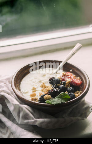 Yogurt in ciotole con frutta fresca Foto Stock