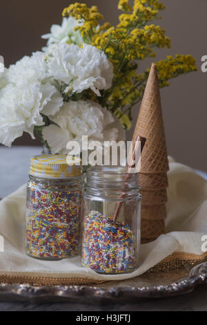 Coni gelato e spruzza, con fiori Foto Stock