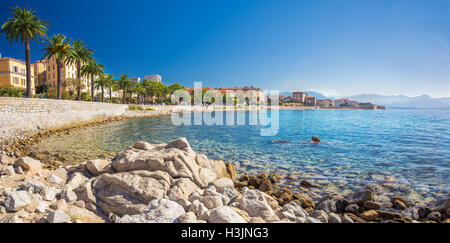 Ajaccio centro storico paesaggio urbano costiero con palme e tipiche case antiche, Corsica, Francia, Europa. Foto Stock