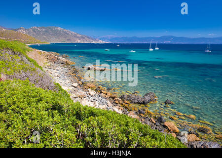 Incredibile la Corsica costa con spiaggia rocciosa e tourquise acqua chiara vicino a Ajaccio, Corsica, Francia, Europa. Foto Stock