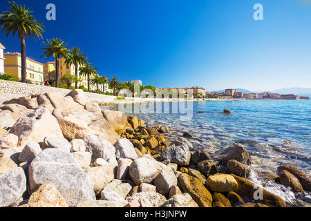 Ajaccio centro storico paesaggio urbano costiero con palme e tipiche case antiche, Corsica, Francia, Europa. Foto Stock