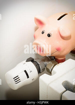 Salvadanaio e la valvola del radiatore per il risparmio di energia Foto Stock