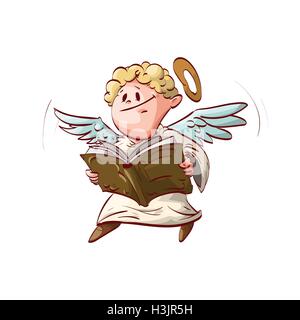 Colorata illustrazione vettoriale di un Cartoon carino angel, la detenzione e la lettura di un libro. Illustrazione Vettoriale