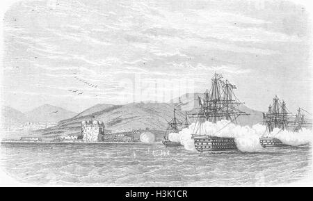 Il Marocco Ft Tetuan distrutte, Francese navi da guerra 1859. Illustrato News del mondo Foto Stock