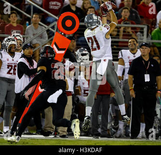 Palo Alto, California, USA. 8 Ott, 2016. Stato di Washington ricevitore Cracraft Fiume (21) raggiunge elevati per una cattura durante il NCAA Football azione presso la Stanford University, con il Washington State Cougars visitando la Stanford cardinale. Stato di Washington ha vinto il gioco, 42-16. © Seth Riskin/ZUMA filo/Alamy Live News Foto Stock