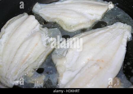 Filetti di platessa in una cottura in padella Foto Stock