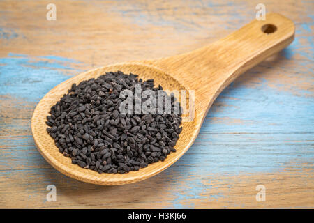 Nero semi di cumino (Nigella sativa) su un cucchiaio di legno Foto Stock