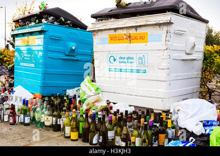 Vino, liquori e bevande bottiglie oggetto di pratiche di dumping con un contenitore di riciclaggio. Foto Stock