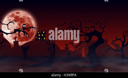 Bat sagome con un chiaro di luna dietro il gufo sulla struttura ad albero e del castello sul colle- sfondo Halloween Foto Stock
