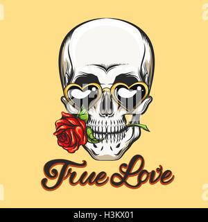 Cranio umano in a forma di cuore ad occhiali con rose fiore in una bocca e scritte a mano i caratteri del vero amore. Illustrazione Vettoriale Illustrazione Vettoriale