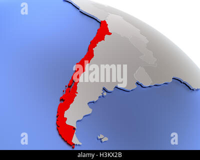 Mappa di Cile su argento elegante globo 3D con gli oceani azzurri. 3D illustrazione Foto Stock