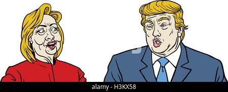 I candidati presidenziali dibattito Hillary Clinton Versus Donald Trump ritratto caricatura vettore Cartoon Illustrazione Vettoriale