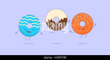Tre kawaii ciambelle di salto e divertirsi. Illustrazione Vettoriale