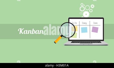 Kanban progetto workflow management con laptop e lente di ingrandimento stick notes Illustrazione Vettoriale