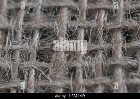 Macro-fotografia di fibra naturale, tela di iuta saccheggi materiale che mostra il dettaglio delle filettature fini. Foto Stock