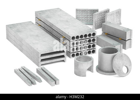 Set di prodotti in calcestruzzo, rendering 3D isolati su sfondo bianco Foto Stock