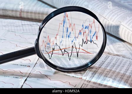 Lente di ingrandimento mostra la variazione delle quotazioni di borsa, Foto Stock
