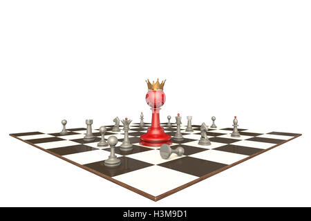 Molti pezzi di scacchi e la pedina rossa-re su uno sfondo bianco di isolamento. Foto Stock