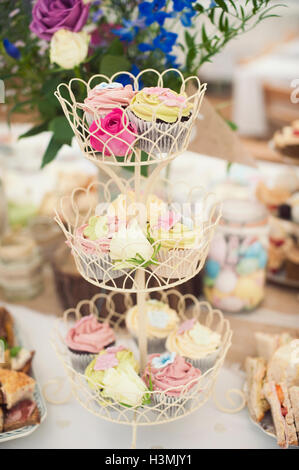 Bello e colorato tortine su un multi-tiered cake stand Foto Stock