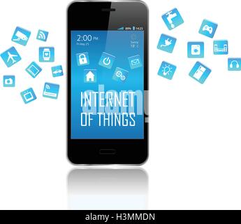 Smart phone con Internet delle cose (IOT) oggetti icona insieme di collegamento. Internet concetto di networking. Illustrazione Vettoriale