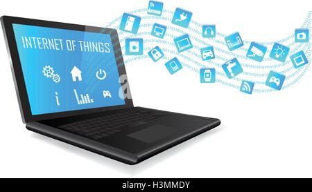 Computer portatile con connessione Internet di cose (IOT) icone collegando fra di loro. Internet concetto di networking. Applicazione in uscita dal computer portatile Illustrazione Vettoriale