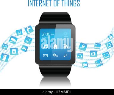 Smartwatch con Internet delle cose (IOT) icone collegando fra di loro. Internet concetto di networking. Illustrazione Vettoriale