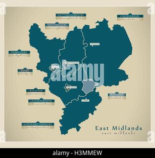 Mappa moderno - East Midlands UK Illustrazione Vettoriale