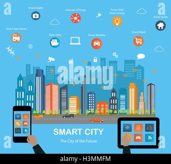 Smart city concetto con icona di diversi elementi e. Città moderna di design con la tecnologia del futuro per la vita. Illustrazione Vettoriale