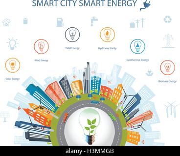 Città ecologica concetto.Smart city concetto e Smart Energy con diverse icone ambientali.Smart city concetto/ Smart Energy Illustrazione Vettoriale