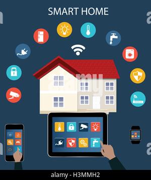 Smart phone, Tablet, Smartwatch e Internet delle cose concetto.Smart Home Tecnologia Internet concetto di networking. Illustrazione Vettoriale