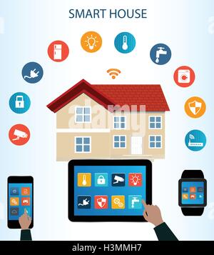 Smart phone, Tablet, Smartwatch e Internet delle cose concetto.Smart Home Tecnologia Internet concetto di networking. Illustrazione Vettoriale