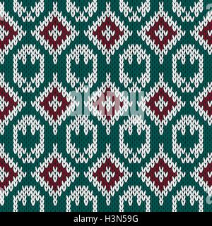 Abstract di lavorazione a maglia senza cuciture ornamentali vector pattern con il rombo e aquila stilizzata come un tessuto a maglia texture in rosso, verde Illustrazione Vettoriale