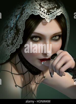 Computer grafica 3d di un ritratto di una dama con black gem anello e un velo di pizzo sul suo capo Foto Stock
