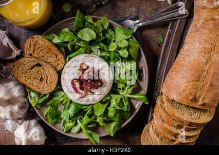 Grigliata di formaggio Camembert con insalata, panini e pane dolce di cipolla rossa Foto Stock