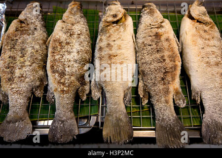 Spigola intonacato in sale marino grosso e grigliate su carbone di legna in una fase di stallo in corrispondenza della o di Tor Gor mercato in Bangkok. Foto Stock