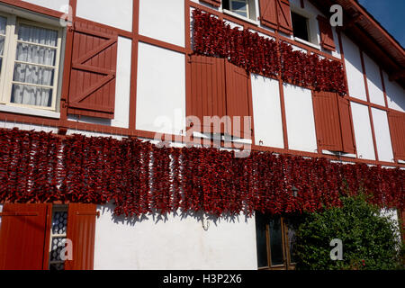 Peperoni rossi essiccazione su facciate di una tipica casa di Espelette. Paese basco. Pirenei Atlantiques.Francia. Foto Stock